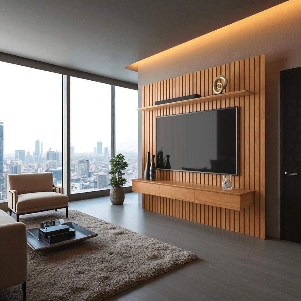 Painel Ripado Para Tv Até 55” Home Antares Nicho 3 Gavetas E Prateleira Fixação Na Parede Patrimar Cinamomo - 3