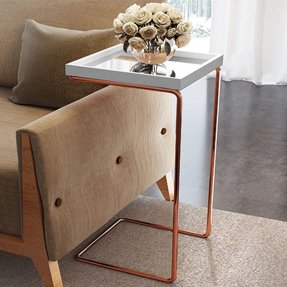 Mesa de Apoio p/ Sofá Bandeja Espelhada Laca Branca Base Bronze - 1