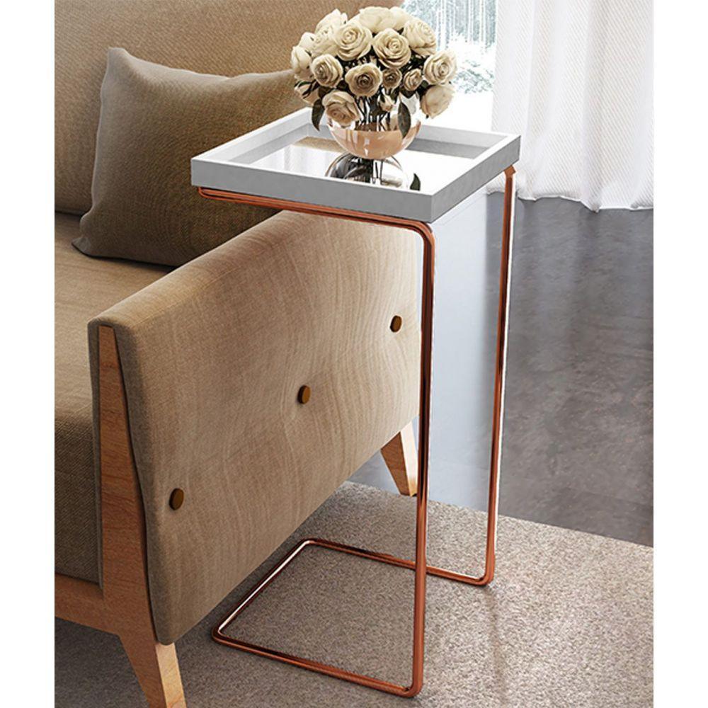 Mesa de Apoio p/ Sofá Bandeja Espelhada Laca Branca Base Bronze - 2