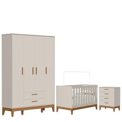Quarto De Bebê Flip Guarda Roupa 4 Portas E Cômoda Gaveteiro Areia Acetinado - Reller