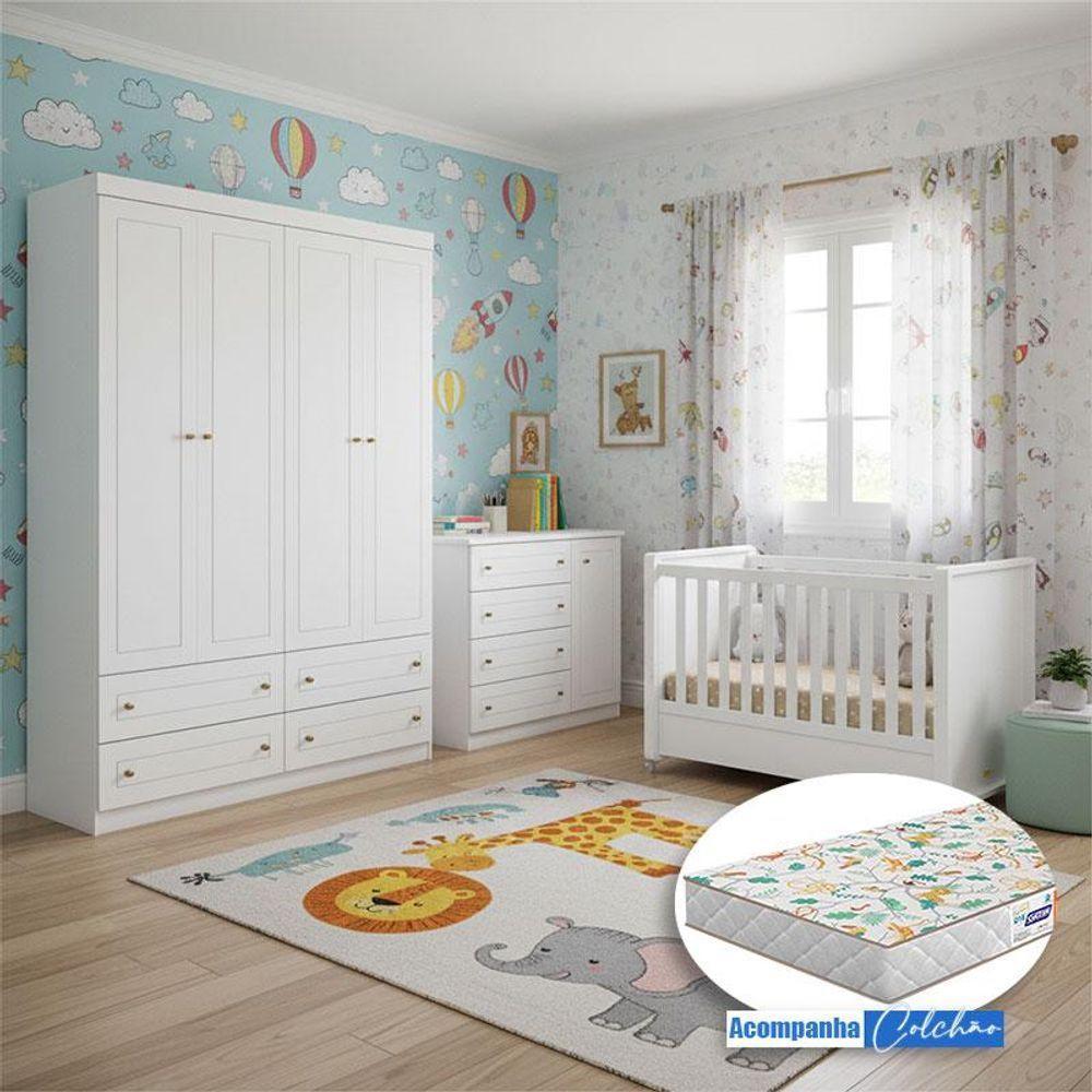 Quarto Infantil 4 Portas Americano Com Berço Tutto New Branco Fosco E Colchão Gazin - Matic - 9