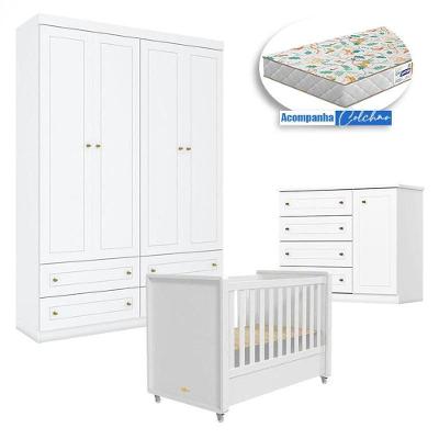 Quarto Infantil 4 Portas Americano Com Berço Tutto New Branco Fosco E Colchão Gazin - Matic