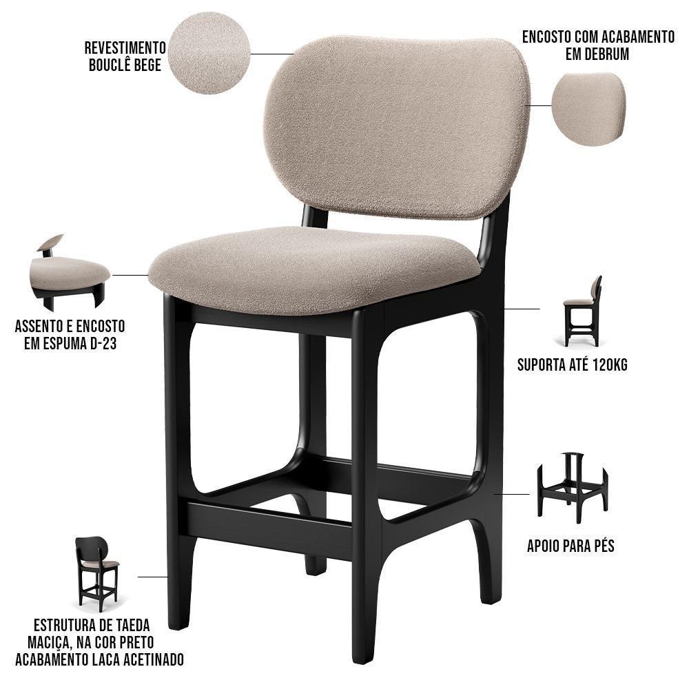 Kit 06 Banquetas Baixa Bar Cozinha E Sala De Jantar Fixa Betta L02 Preto Bouclê Bege - Lyam Decor - 4