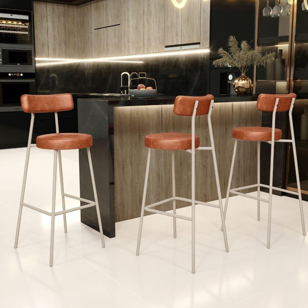 Kit 06 Banquetas Alta Bar Cozinha Sala De Jantar Aço Milão Arena L02 Couríssimo Camel - Lyam Decor - 2