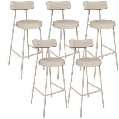 Kit 5 Banquetas Alta Milão Assento Poliéster Base em Aço com Encosto Fixo Bege
