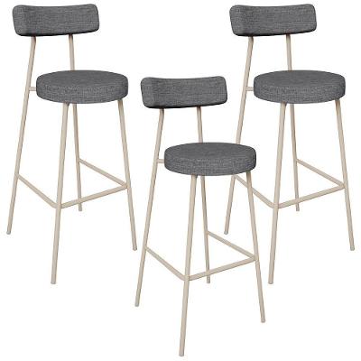 Kit 3 Banquetas Milão Arena L02 Assento em Linho Estrutura em Aço com Encosto Cinza