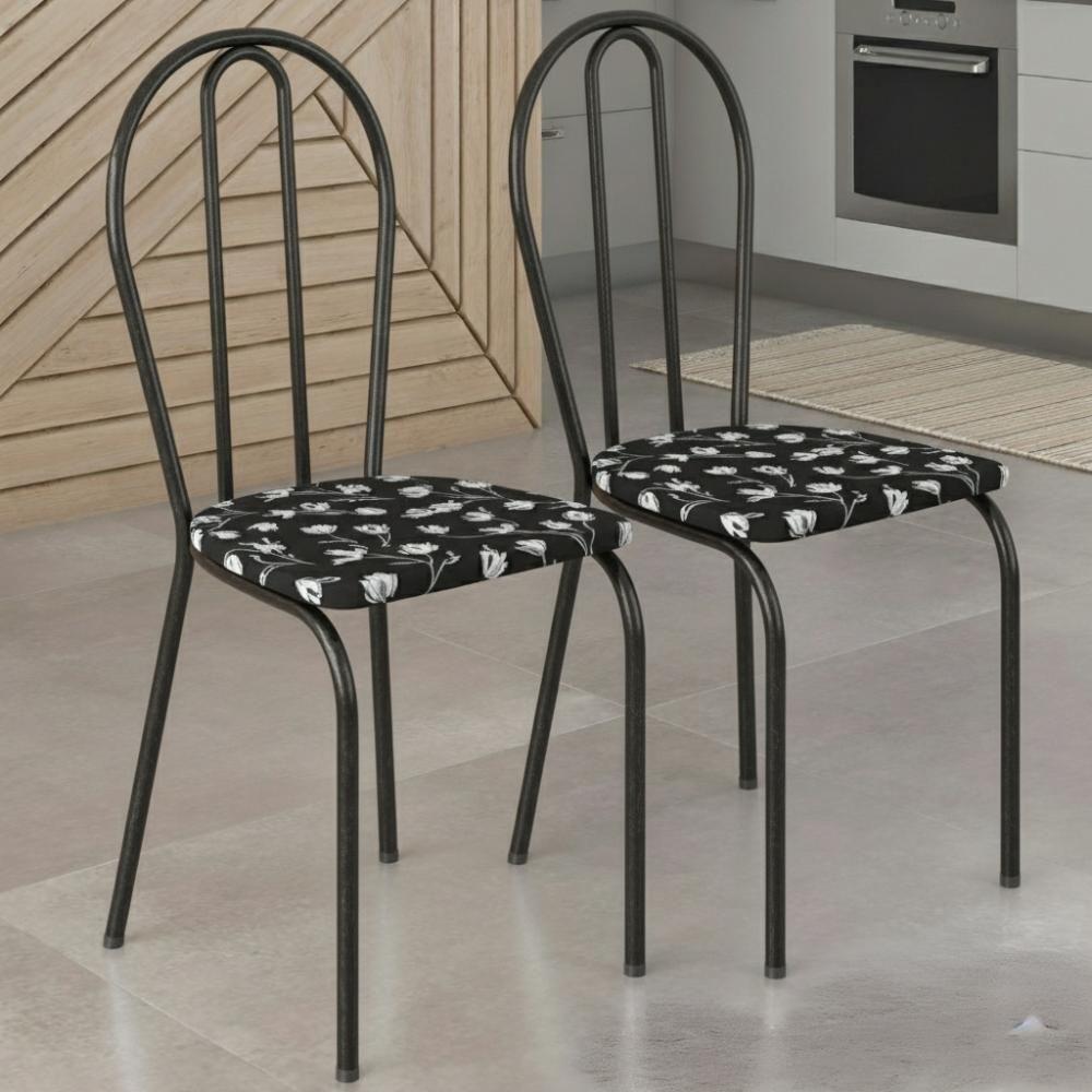 Kit 02 Cadeiras Tubular America 004 Cromo Preto Assento Preto Flor Artef Preto Flor - 2