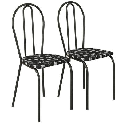 Kit 02 Cadeiras Tubular America 004 Cromo Preto Assento Preto Flor Artef Preto Flor