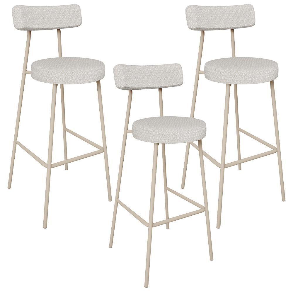 Kit 03 Banquetas Alta Bar Cozinha Sala De Jantar Aço Milão Arena L02 Bouclê Cru - Lyam Decor - 1