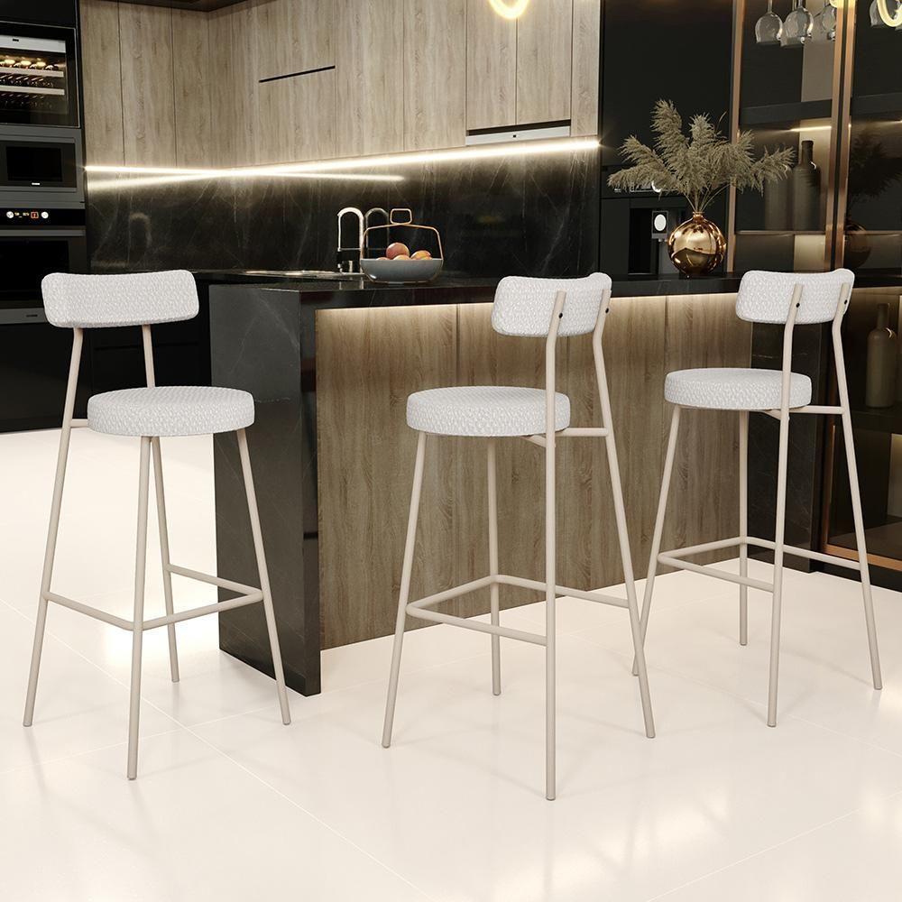 Kit 03 Banquetas Alta Bar Cozinha Sala De Jantar Aço Milão Arena L02 Bouclê Cru - Lyam Decor - 2