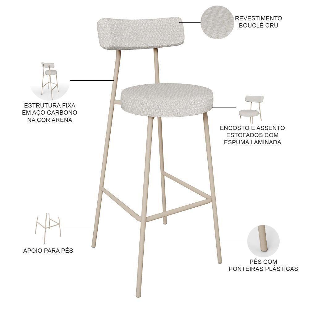 Kit 03 Banquetas Alta Bar Cozinha Sala De Jantar Aço Milão Arena L02 Bouclê Cru - Lyam Decor - 4