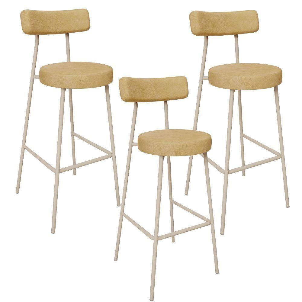 Kit 03 Banquetas Alta Bar Cozinha Sala De Jantar Aço Milão Arena L02 Couríssimo Fendi - Lyam Decor - 1