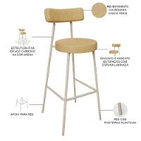 Kit 03 Banquetas Alta Bar Cozinha Sala De Jantar Aço Milão Arena L02 Couríssimo Fendi - Lyam Decor