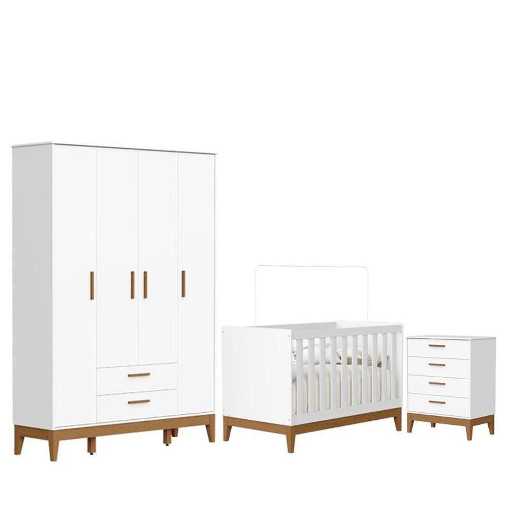 Quarto De Bebê Flip Guarda Roupa 4 Portas E Cômoda Gaveteiro Branco Acetinado - Reller - 1