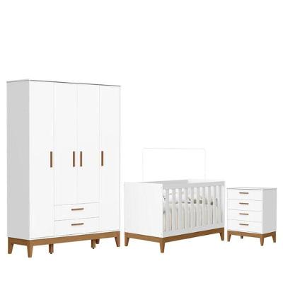 Quarto de Bebê Flip com Guarda Roupa 4 Portas Giratórias 2 Gavetas MDF Branco Acetinado