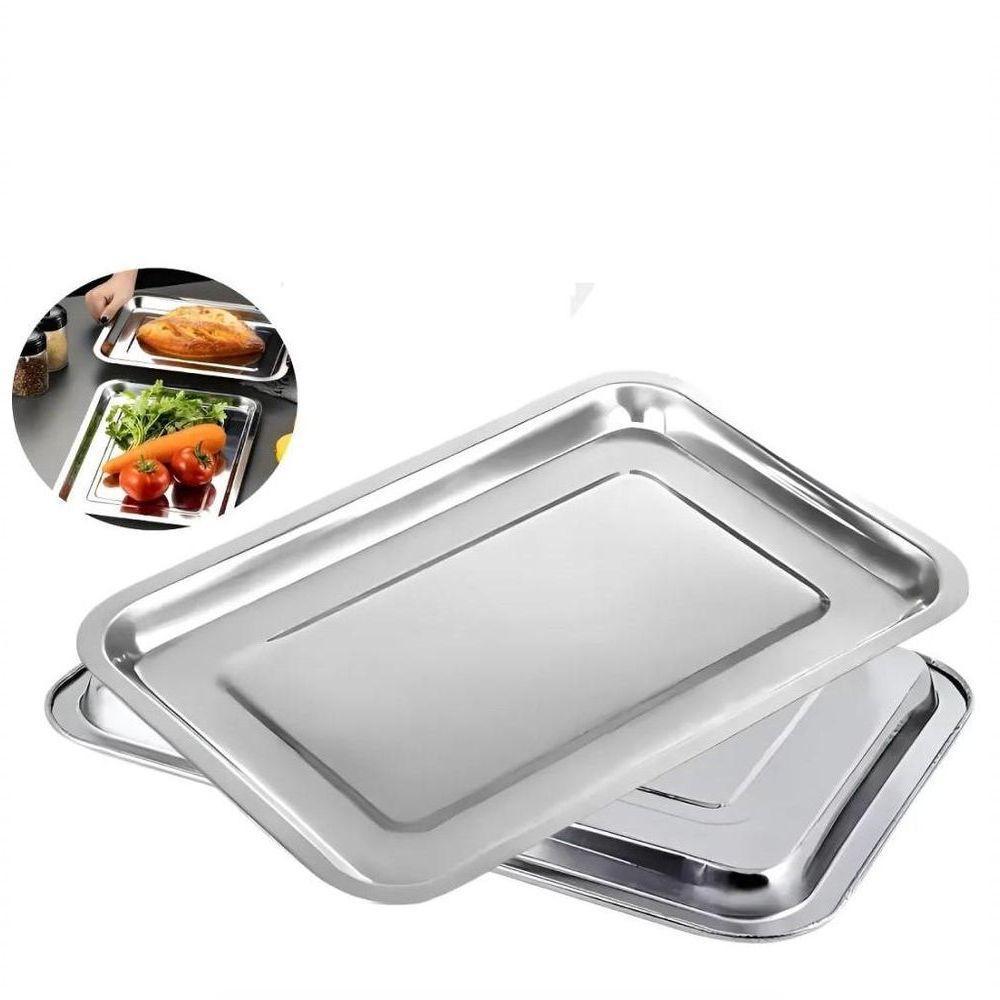 Bandeja Retangular Em Aço Inox 40x30cm Rasa Para Café, Saladas E Porções – Elegância E Resistência Profissional - 3