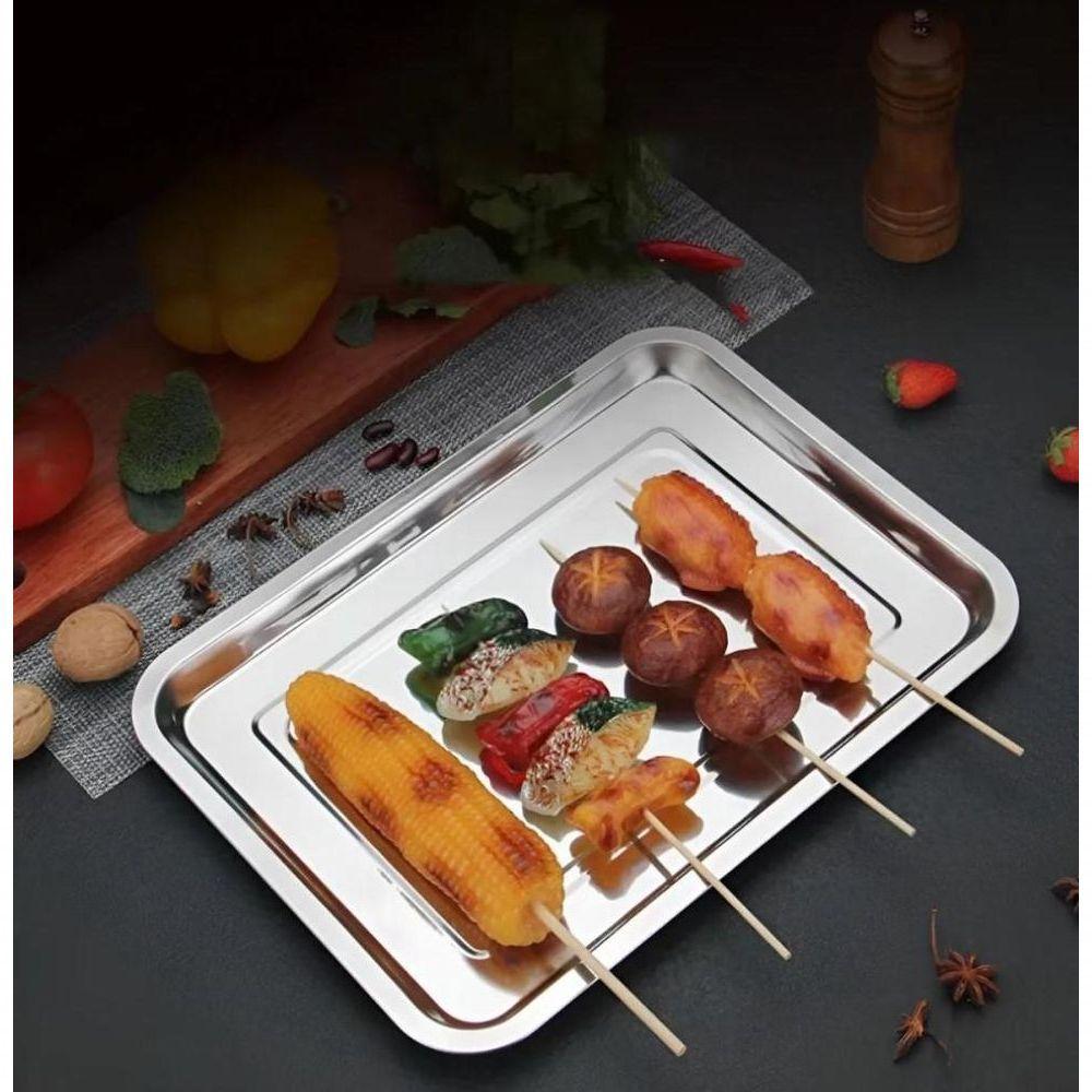 Bandeja Retangular Em Aço Inox 40x30cm Rasa Para Café, Saladas E Porções – Elegância E Resistência Profissional - 4