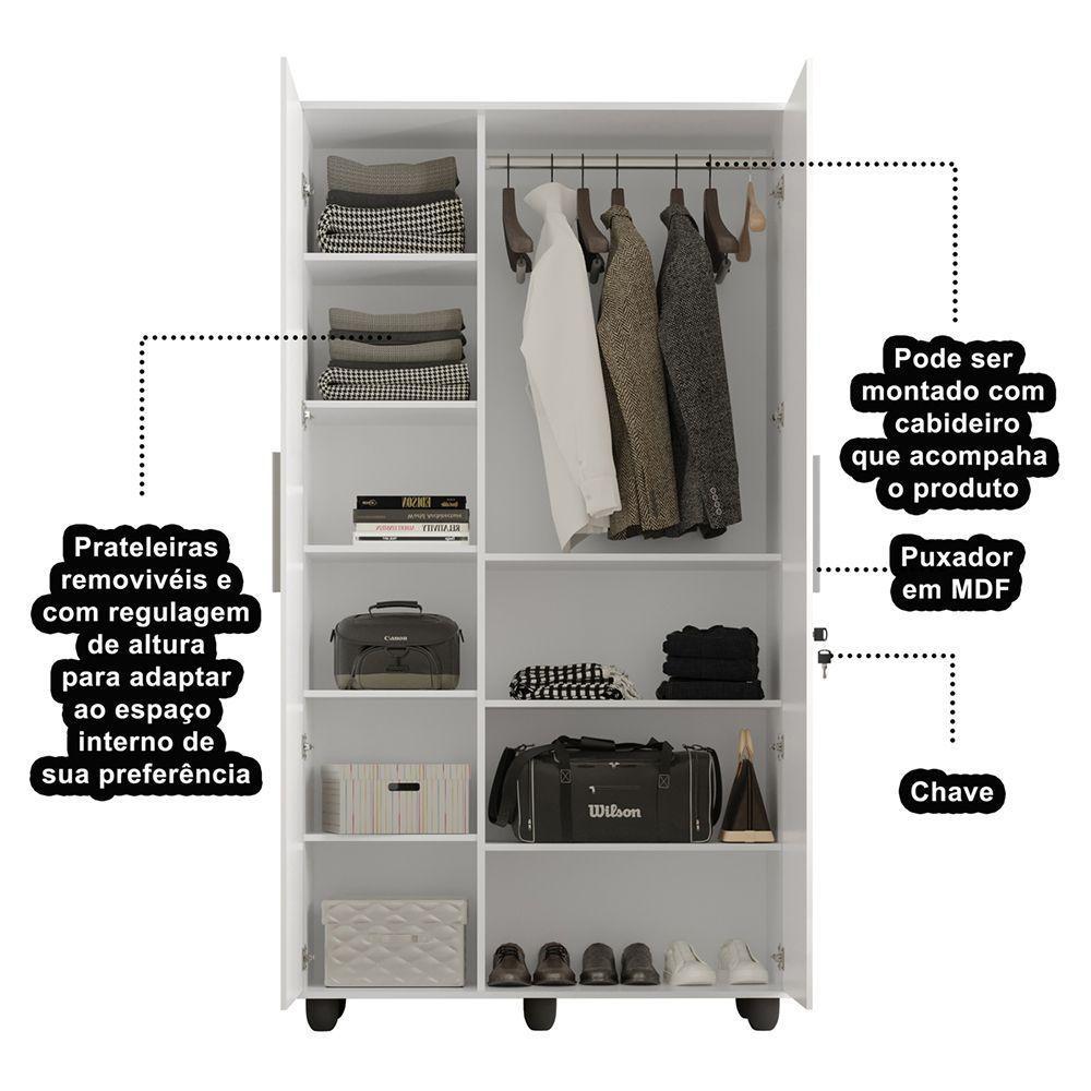 Guarda Roupa Solteiro Multiuso Sem Gaveta Reforçado Ouro Fechadura Com Chave Branco - 3