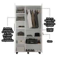 Guarda Roupa Solteiro Multiuso Sem Gaveta Reforçado Ouro Fechadura Com Chave Branco - 3