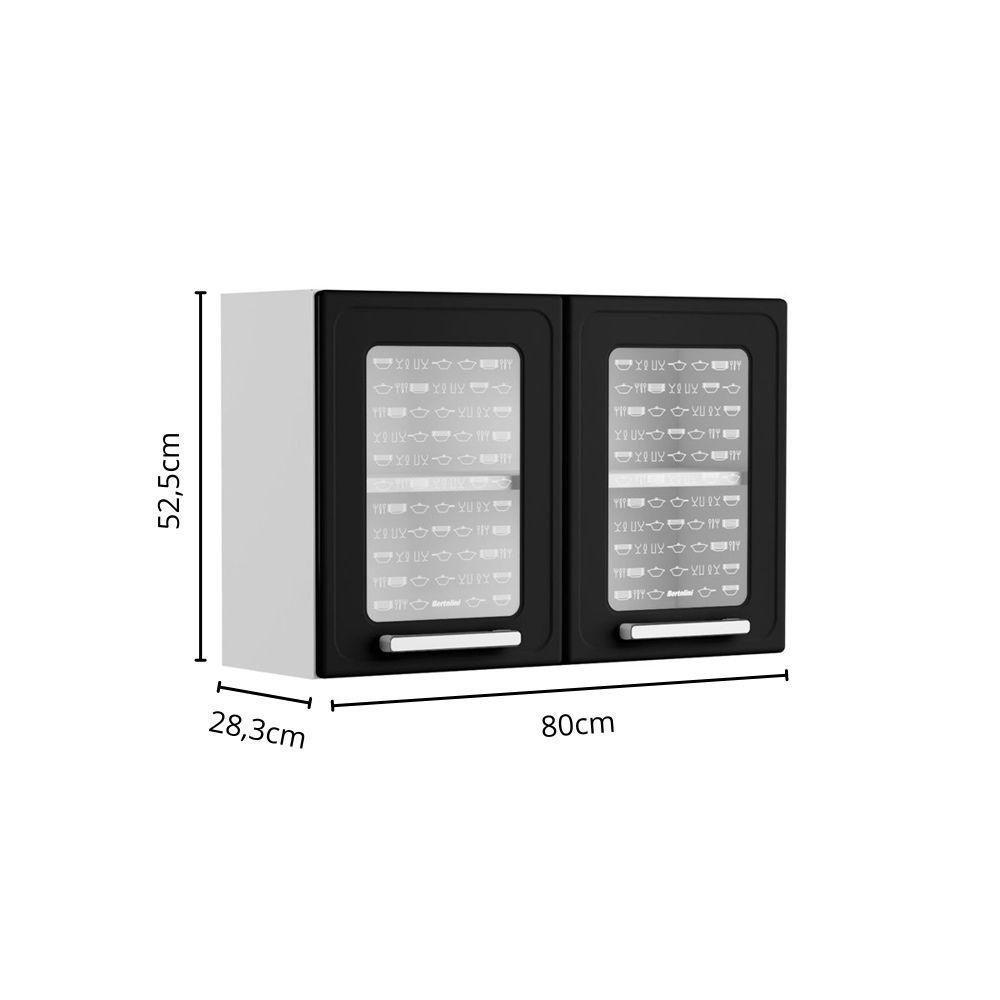 Armário Aéreo De Aço 2 Portas Vidro Preto Gourmet Bertolini Preto/branco - 2