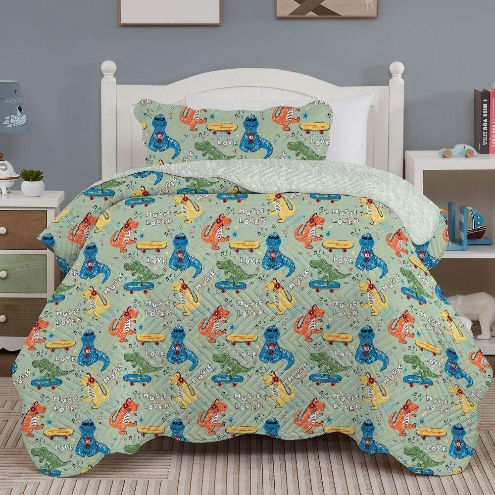 Kit Cobre Leito Solteiro Infantil + Porta Travesseiro Dinos - 1