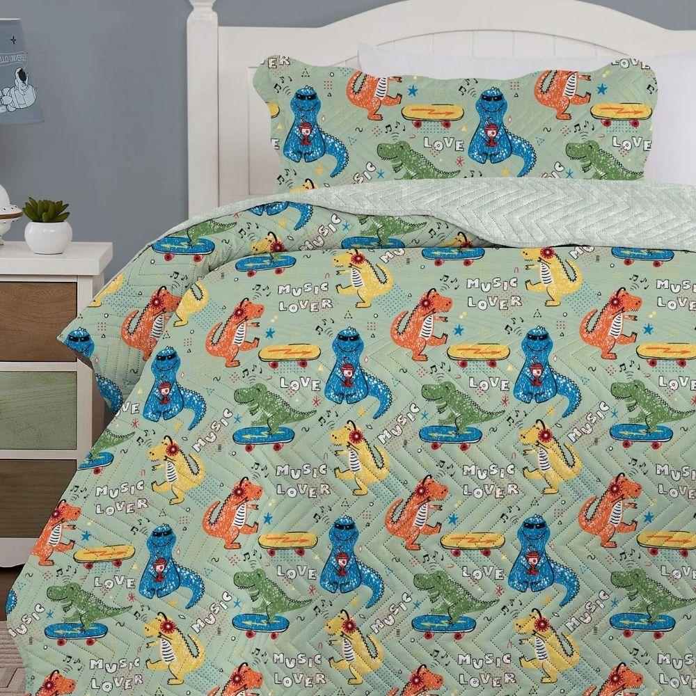 Kit Cobre Leito Solteiro Infantil + Porta Travesseiro Dinos - 2