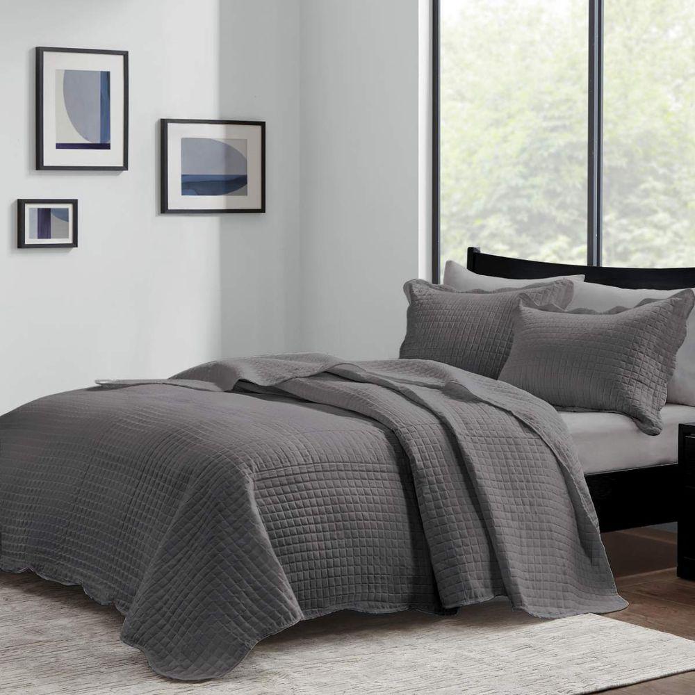 Kit Cobre Leito King Milão Liso + 2 Porta Travesseiros Geometrico Chumbo - 1