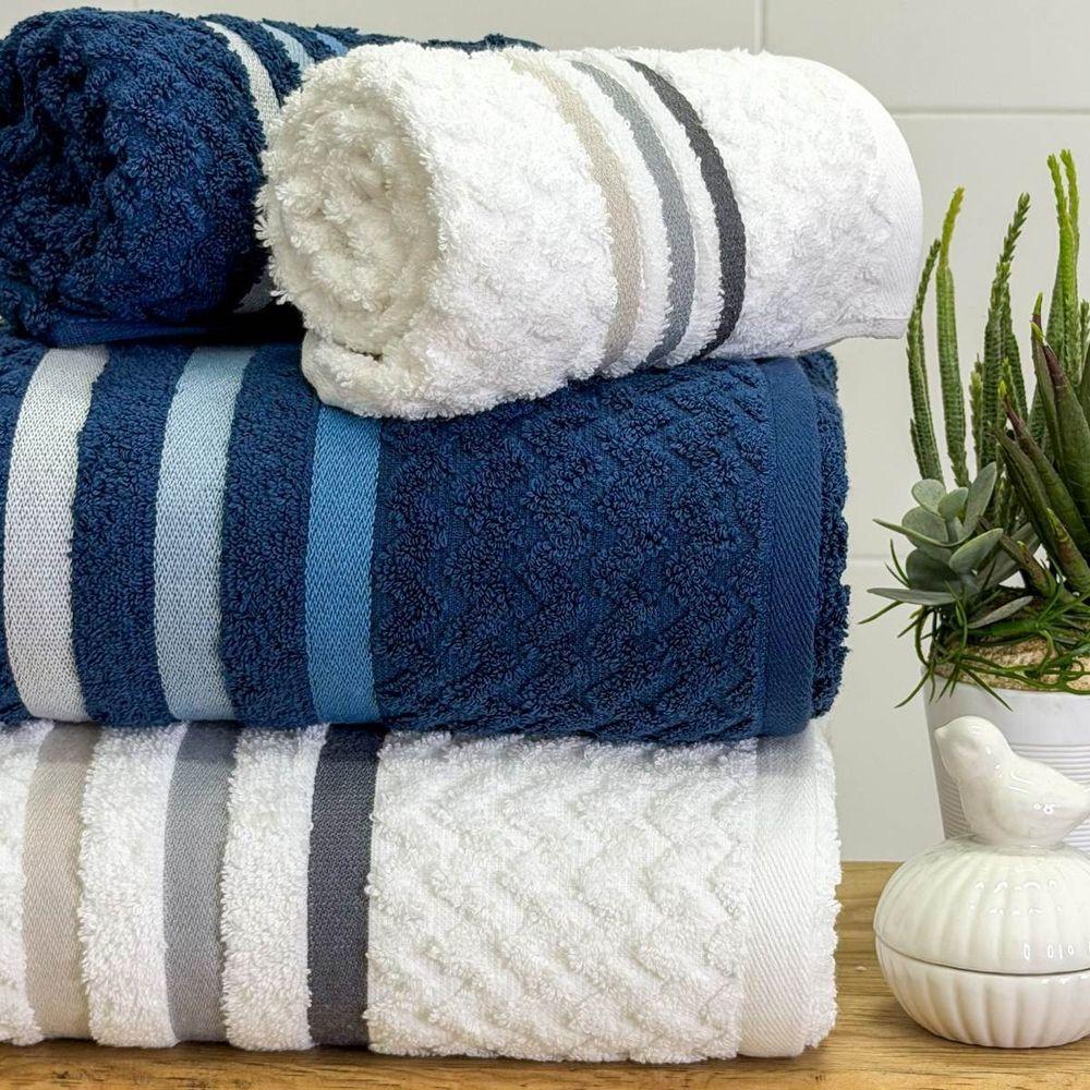 Jogo De Toalha Banhão Trento 4 Peças 100% Algodão Branco-azul Marinho - 2