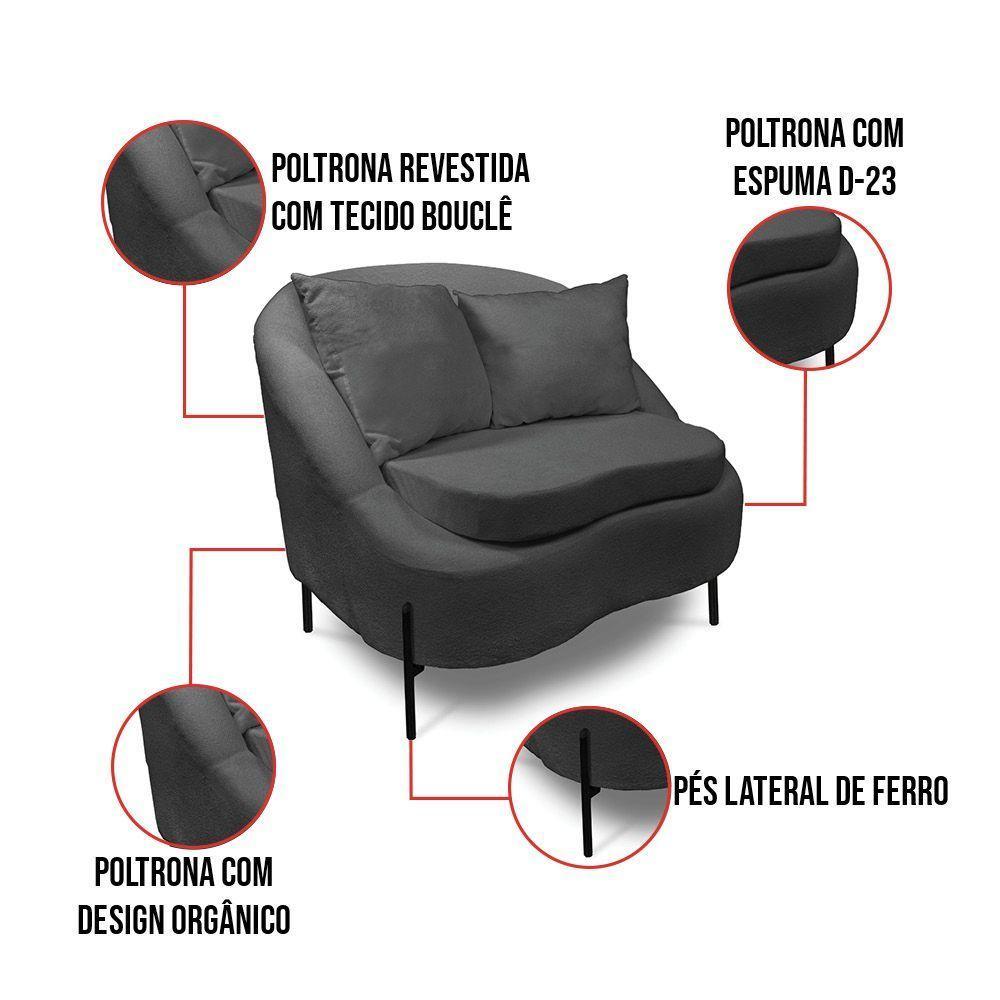 Poltrona Decorativa Orgânica Pé De Metal Preto Kit 2 Zaya Bouclê C05 - D'rossi Grafite - 5