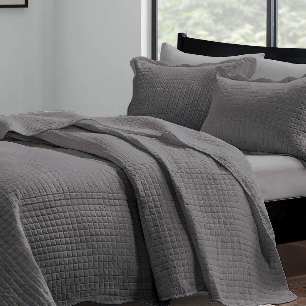 Kit Cobre Leito Casal Milão Liso + 2 Porta Travesseiros Geometrico Chumbo - 2