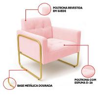 Poltrona Sala Industrial Alta Tubo Dourado Elisa Suede D03 - D'rossi Rosa Bebê - 3