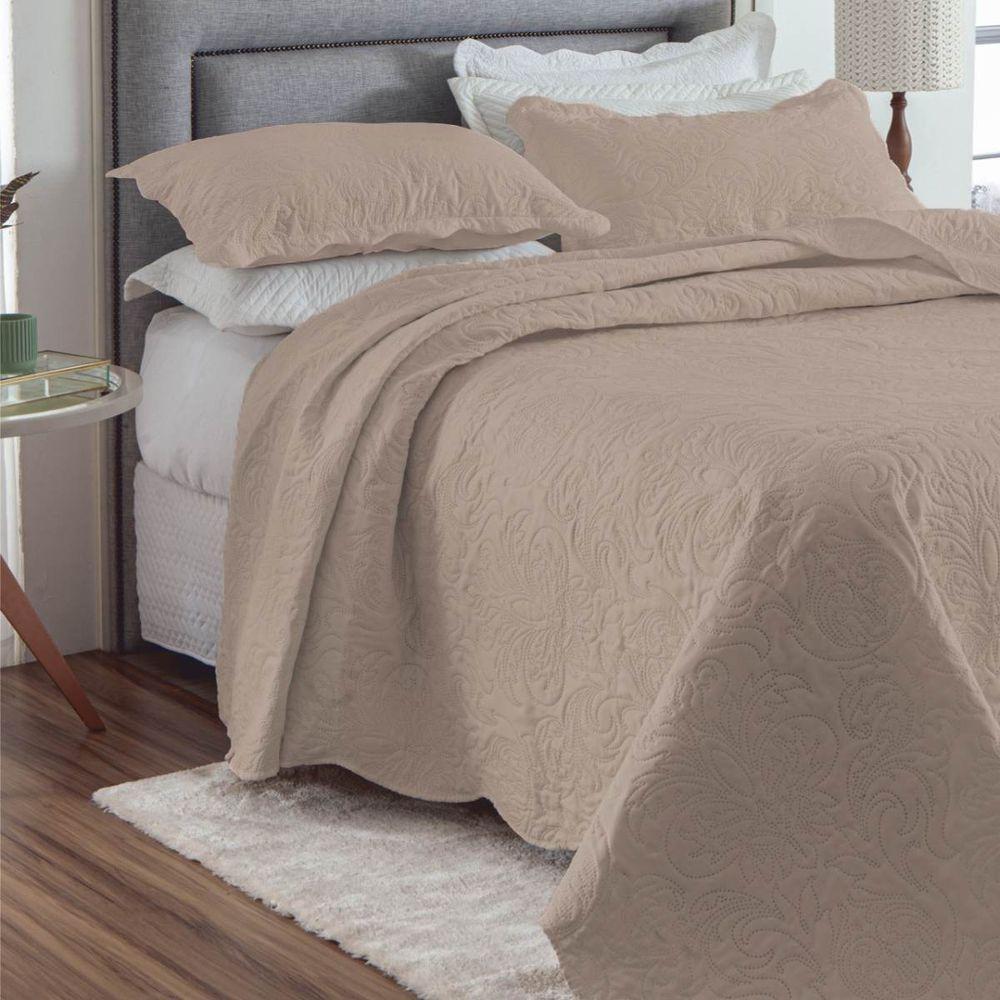 Kit Cobre Leito Queen Classic Liso Ultrasonic + 2 Porta-travesseiros Floral Bege - 1