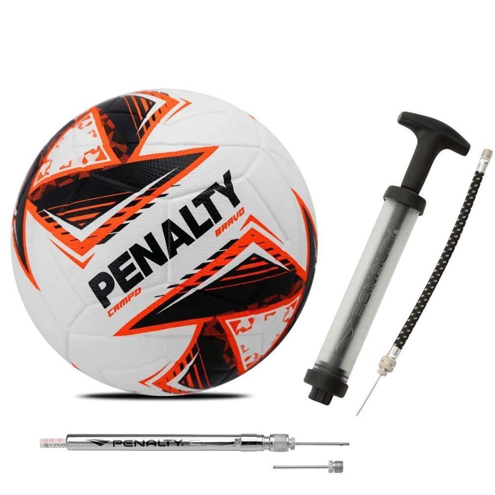 Bola De Futebol Campo Penalty Bravo Xxv + Bomba De Ar Penalty + Calibrador De Bolas Penalty Laranja + Branco + Cinza Genêros - 1
