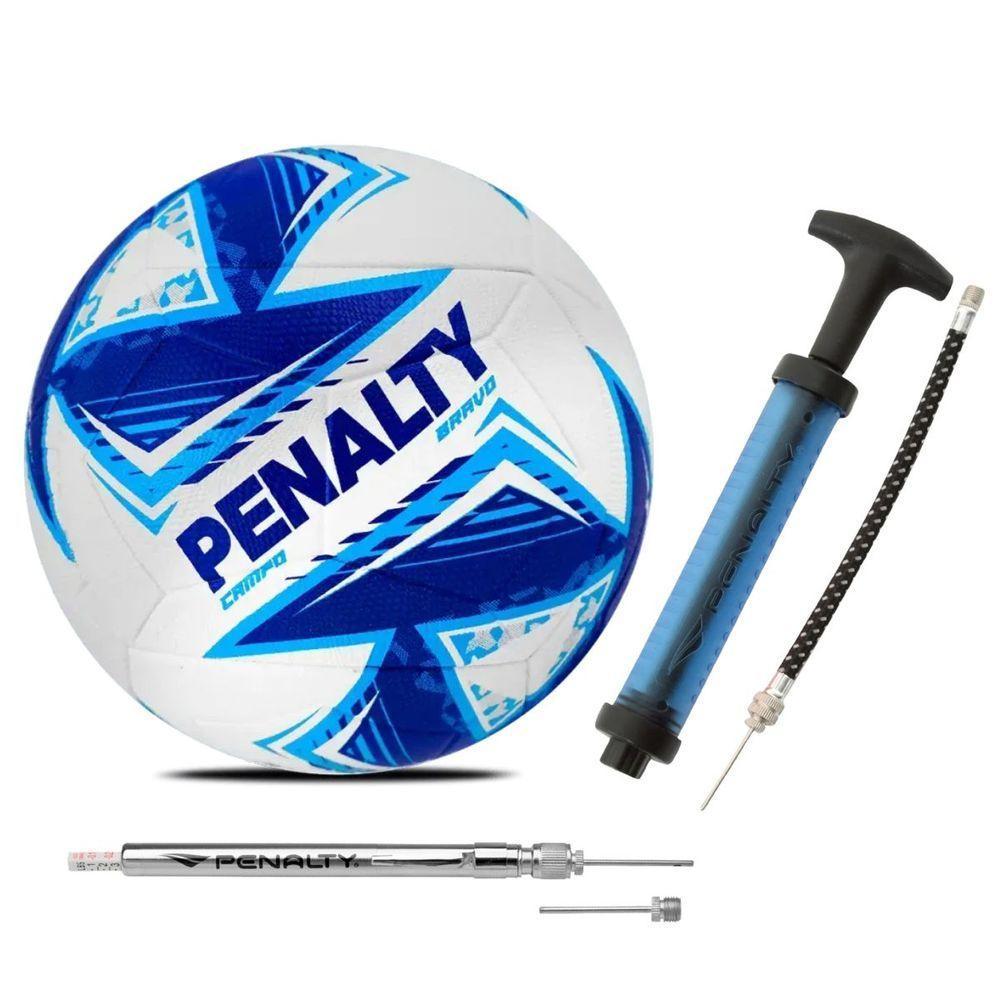 Bola De Futebol Campo Penalty Bravo Xxv + Bomba De Ar Penalty + Calibrador De Bolas Penalty Azul + Azul + Cinza Genêro Homem - 1