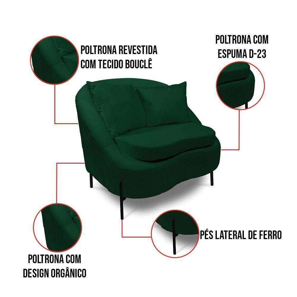Poltrona Decorativa Orgânica Pé De Metal Preto Kit 2 Zaya Bouclê C05 - D'rossi Verde - 3