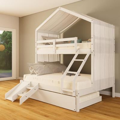 Treliche Casal/ Solteiro Casinha Com Cortina E Kit Escada/escorregador Madeira Maciça Branco Megamobilia