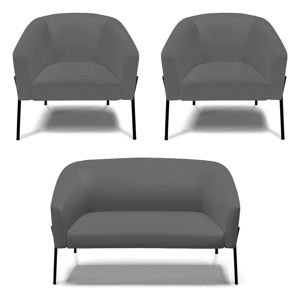 Namoradeira E 2 Poltronas Pé De Ferro Preto Stella Sintético Grafite D03 - D'rossi - 1