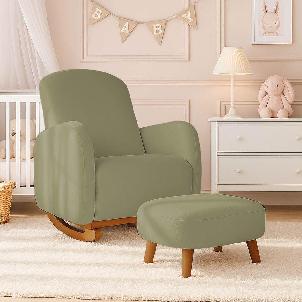 Poltrona Amamentação Balanço Madeira E Puff Jhessy Bouclê R04 - D'rossi Pistache - 1
