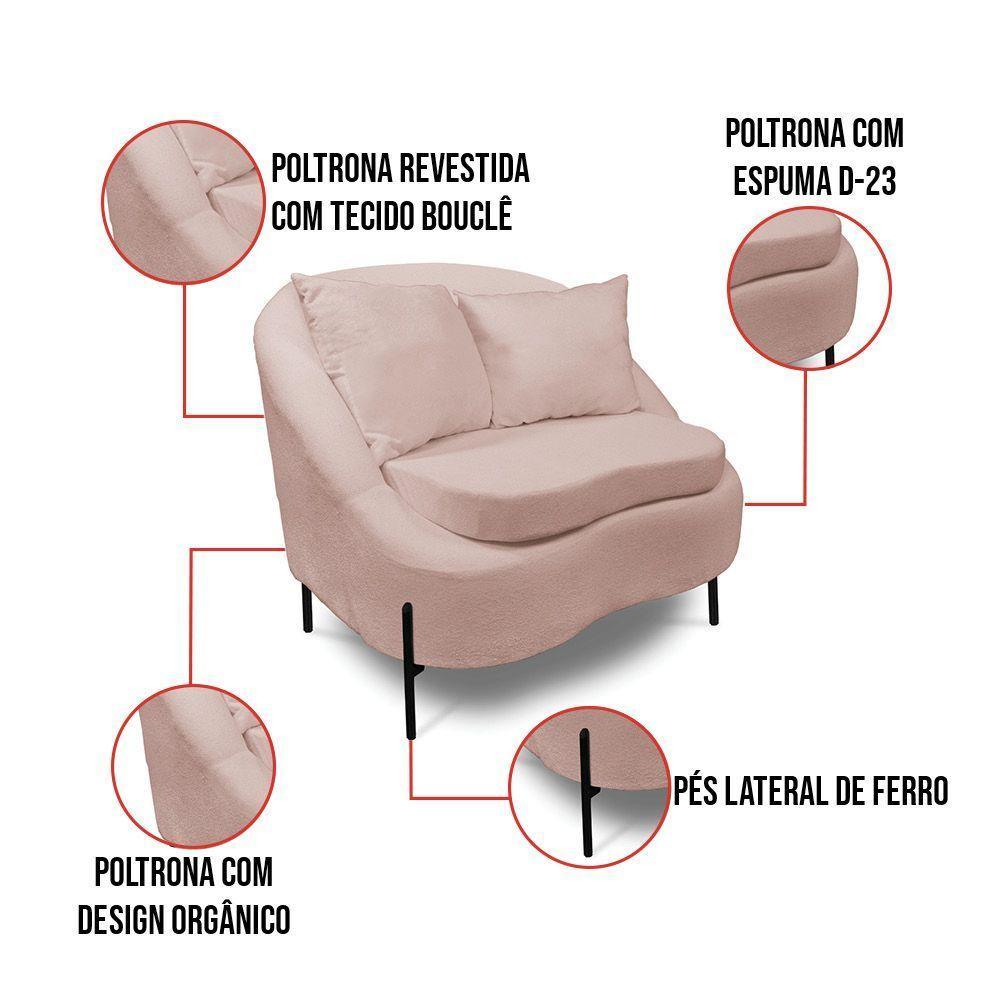 Poltrona Decorativa Orgânica Pé De Metal Preto Kit 2 Zaya Bouclê C05 - D'rossi Rose - 7