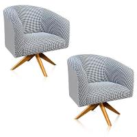 Kit 02 Poltronas Giratória Stella Linho A72 Com Corino Base Madeira Ma30 D'rossi Cinza - 1