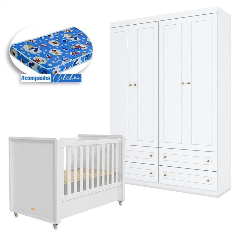 Berço Tutto New E Guarda Roupa Infantil Americano 4 Portas Branco Fosco Com Colchão Ortobom - Matic - 1
