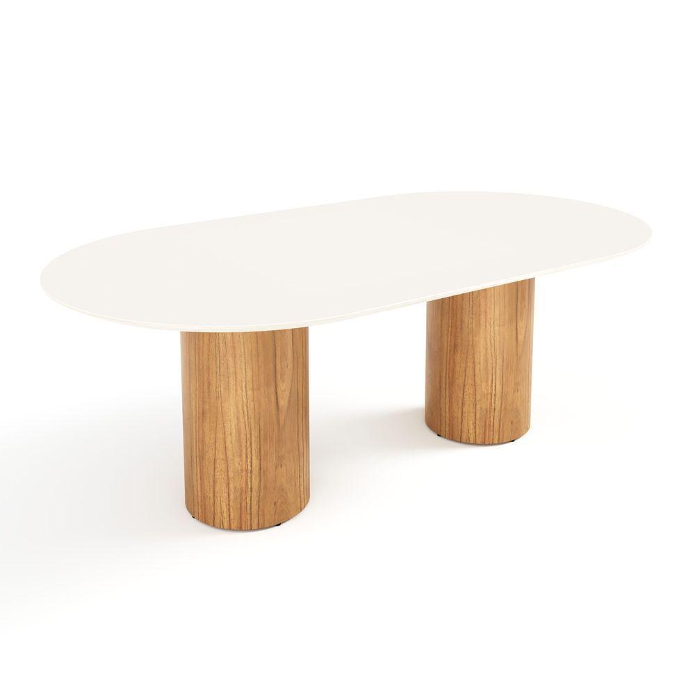 Mesa De Jantar West 180cm X 100cm 6 Lugares Lâmina Natural De Madeira Off White Vidro - 1