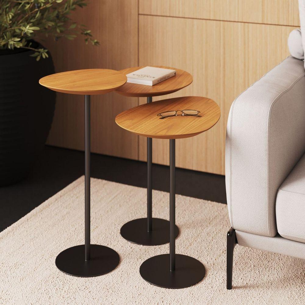 Conjunto De 3 Mesas Laterais Orgânicas Kaleo Base Preta Tampo Mel - 3