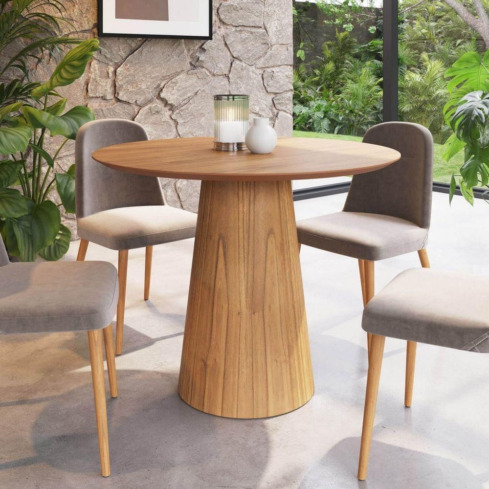 Mesa De Jantar Redonda 100cm Scandi 4 Lugares Lamina Natural De Madeira Mel - 2