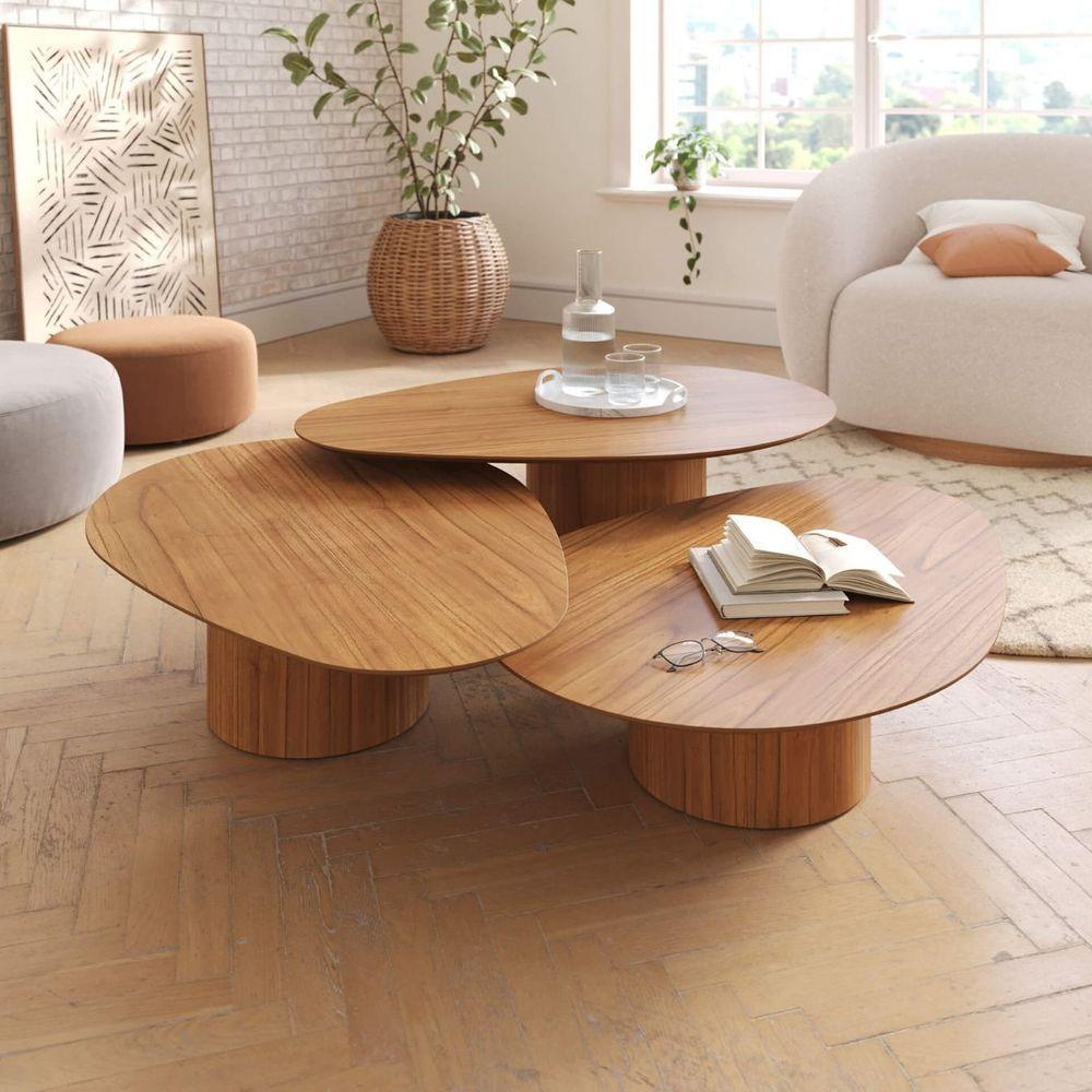 Conjunto Mesa De Centro Orgânica Stone Em Madeira Mel - 2