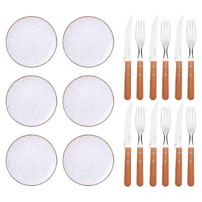 Kit 6 Prato Raso Rústico 28 Cm E 12 Talheres Churrasco Tramontina