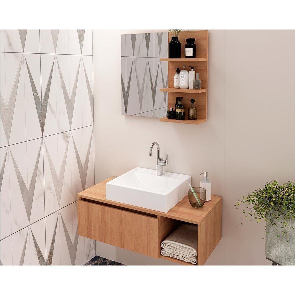 Conjunto De Banheiro Balcão Suspenso Bn3601 S- Cuba 80cm E Armário C- Espelho Bn3608 Amêndoa - Tecno Mobili - 1