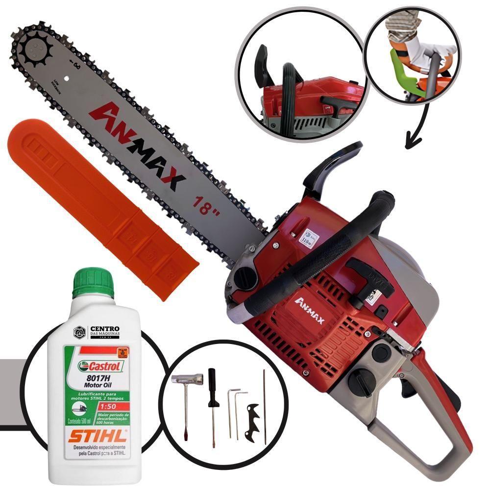 Motosserra Anmax Cs5200b à Gasolina 2t 52cc 2,7hp Sabre 18'' Ponta Rolante Profissional + Óleo Castrol Stihl 500ml - 1