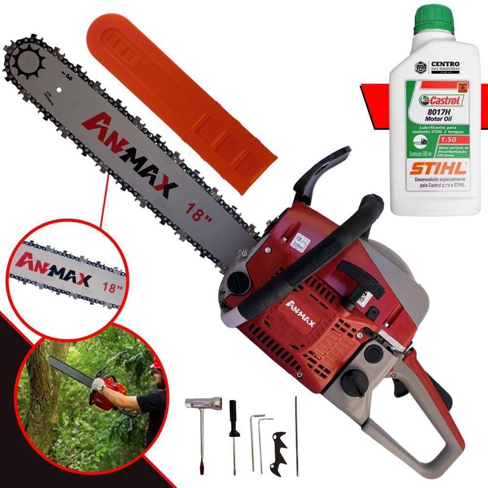 Motosserra Anmax Cs5200b à Gasolina 2t 52cc 2,7hp Sabre 18'' Ponta Rolante Profissional + Óleo Castrol Stihl 500ml - 1