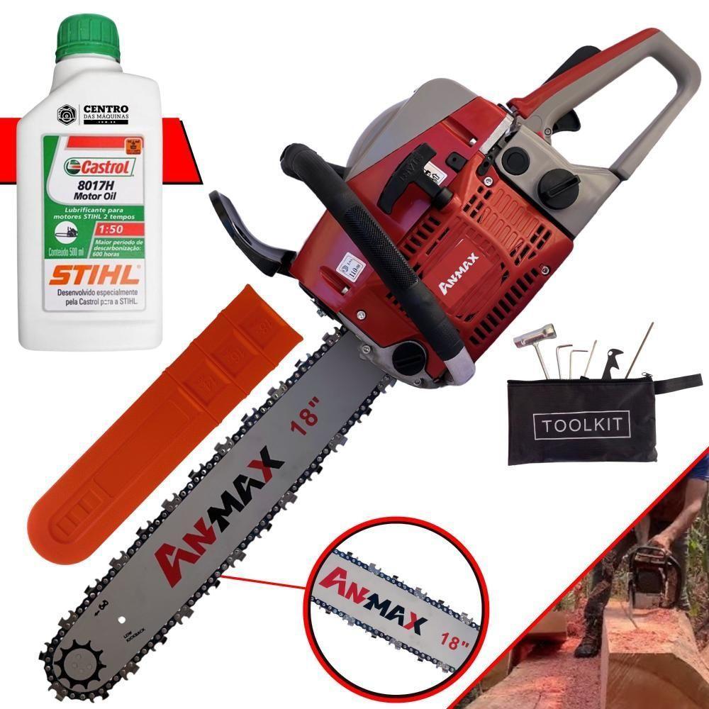 Motosserra Anmax Cs5200b à Gasolina 2t 52cc 2,7hp Sabre 18'' Ponta Rolante Profissional + Óleo Castrol Stihl 500ml - 1